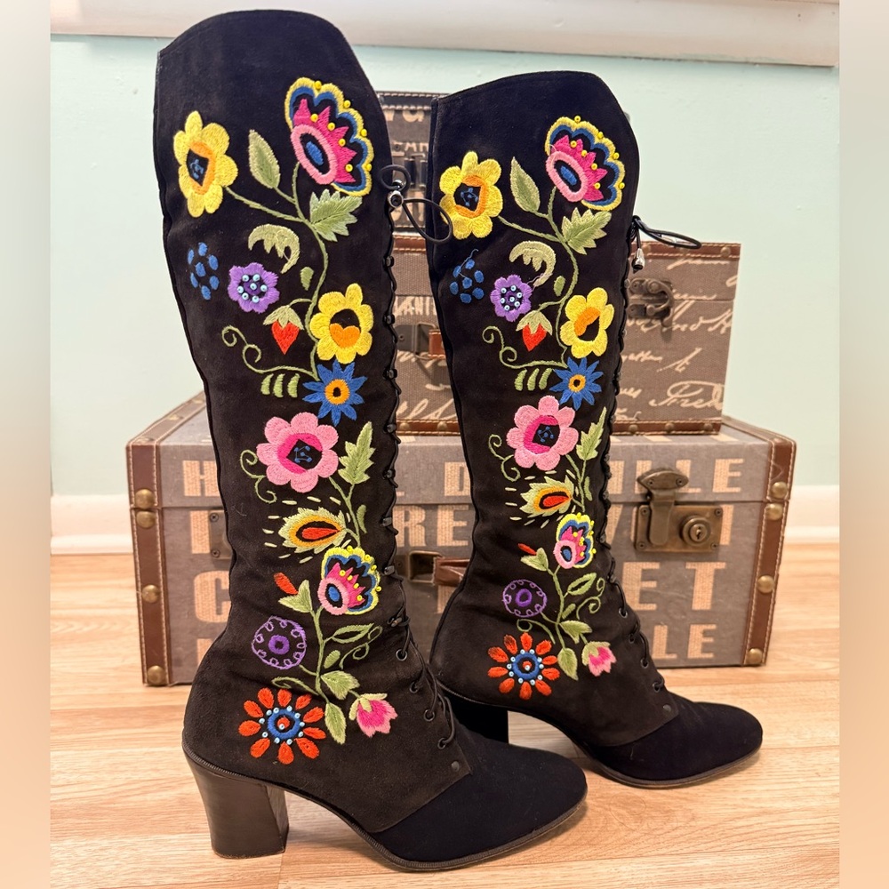 💫STUNNING RARE 60s 70s Enosis Greece Jerry Edouard Embroidered Black Gogo Boots - Picture 4 of 15
